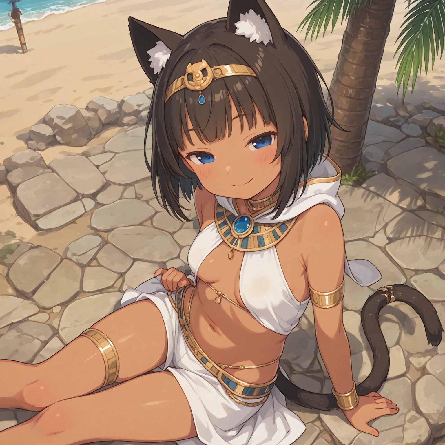 cowboy shot, masterpiece, best quality, intricate details, illustration, epic lighting, cinematic composition (ankha (animal crossing), cat tail, cat ears, short blue hair with bangs), super tight white microskirt, deadpan, (looking at viewer: 1.1), professional seductress, seductive pose, outdoors, desert, sand, oasis, palm trees, river, pyramid