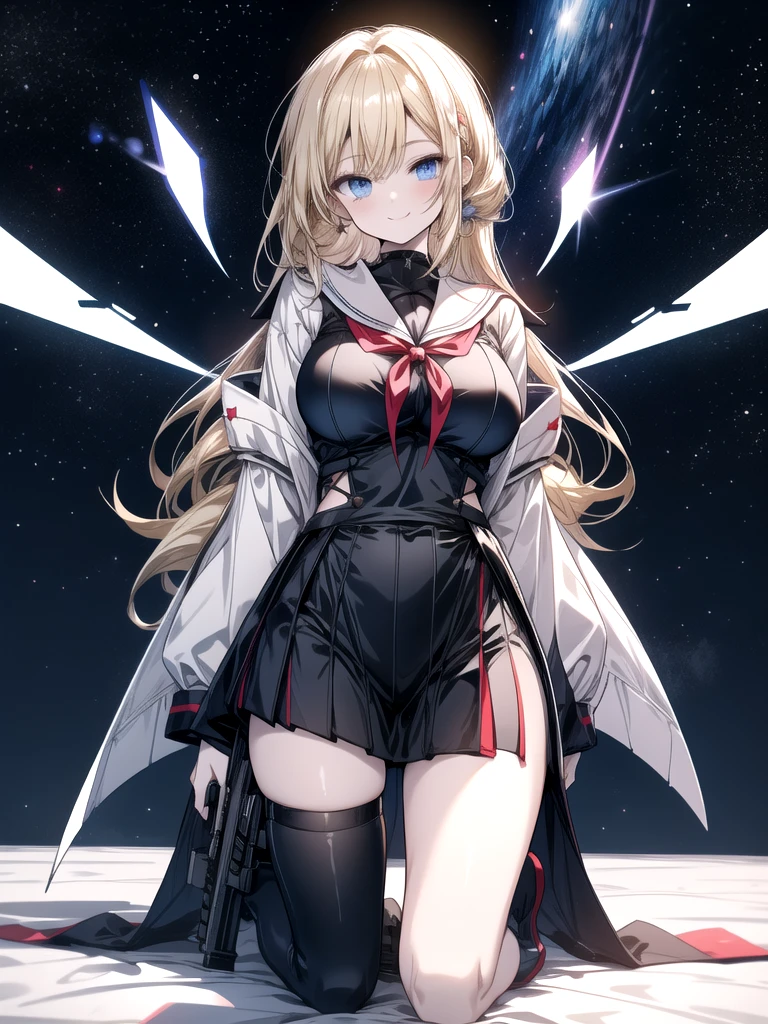 ((highest quality、8K、High resolution、masterpiece、Super detailed))、one girl、((Looking at the camera from the front))、((photo from the knees up))、((standing))、golden hair that shines golden、Red eyes that sparkle like jewels、beautiful and smooth long hair、Big, strong eyes、A triumphant smile、School swimsuit with deep dark color、beautiful and adorable vampire、(black stockings)