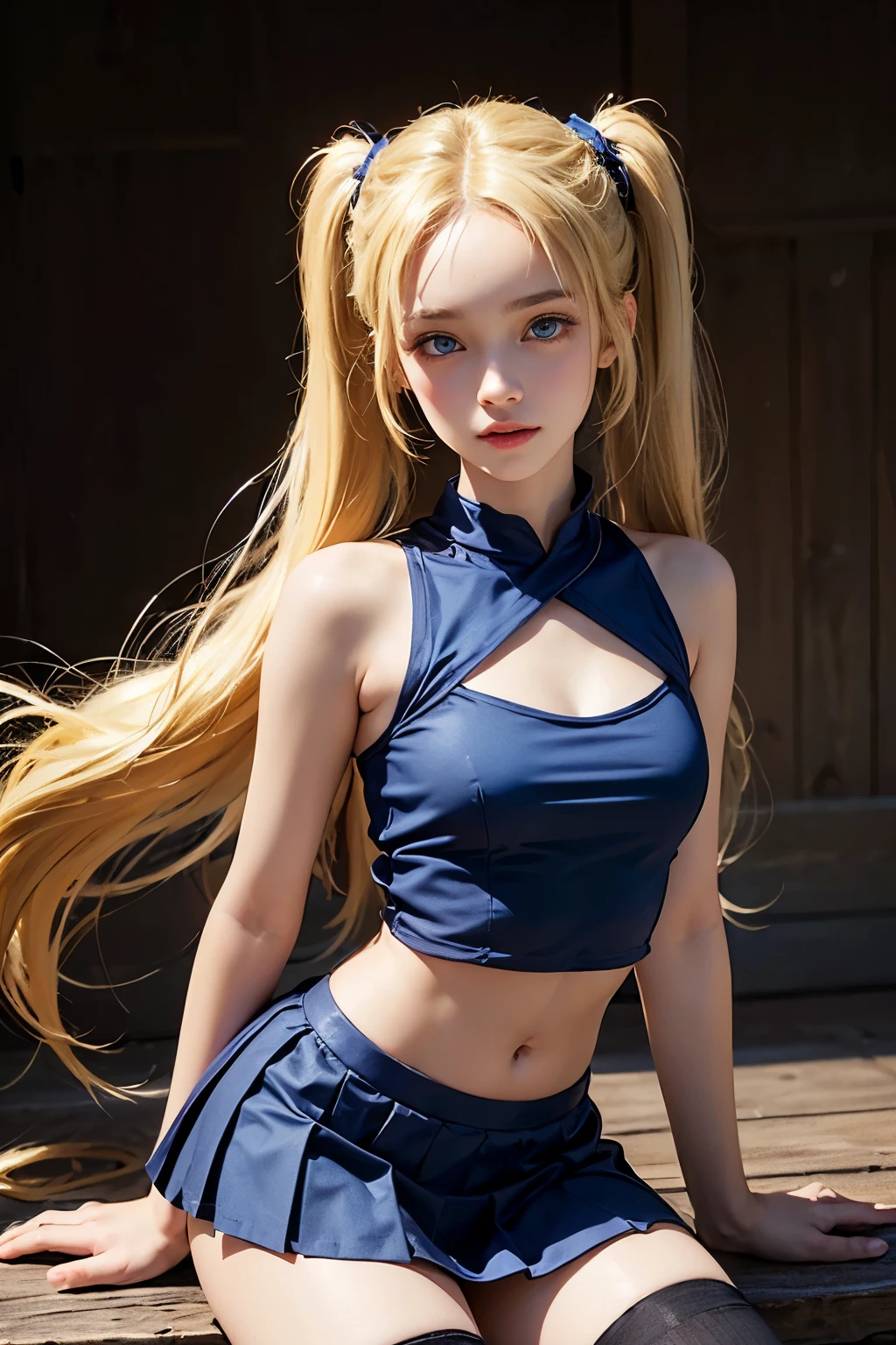 Masterpiece, best quality, beautiful sexy young woman, golden curly hair with big pigtail, blue beautiful eyes, stands with her back to us