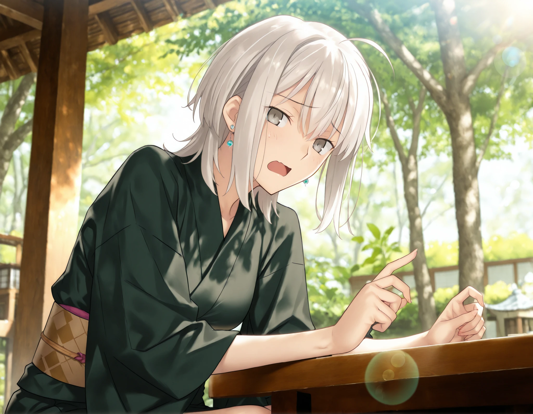 masterpiece, , absurdres, highres, detailed background, high resolution, masterpiece, necessary, detail, best quality, quality, necessary, details, High details, Precise, 8k, outdoors,(japanese garden),dark lens flare, blurry background, ((from below)),
1girl, , koyama hirokazu (type-moon) style, ,Takeuchi Takashi style, (aged up),(upper body), ,(nervous, finger_counting), sitting, , blue pierced earrings,
very tall girl, (slender body, slim arms, slim body), solo, long sidelocks, table, very light open mouth , , ,
((wolf cut hair)), white hair, medium hair, gray eyes, half-closed eyes, jitome ,bangs, hair between eyes, ahoge, ,(kimono, dark green kimono, long sleeve, ), ,(small breasts),(looking at viewer), , , ,