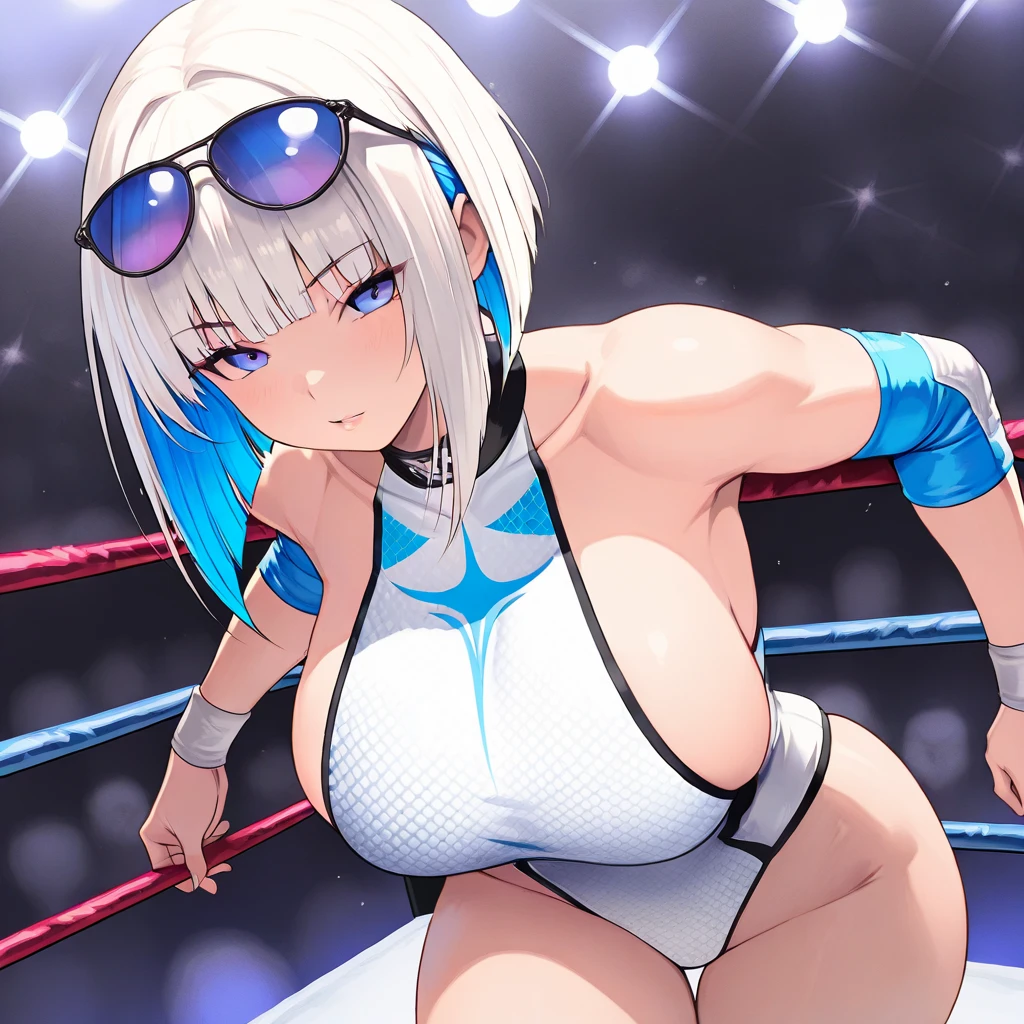 ((masterpiece)),((best quality)),(ultra-detailed),(an extremely delicate and beautiful),detailed backgroud, ((((1woman,tall stature)))and(((1muscular boy,tall stature)))),((((hetero)))),(height difference),(((wrestling ring))), (1woman),((((silver wolf/(Honkai:star rail/)))),(curvy:1.4),(huge breasts), pale skin,shiny skin, long hair,ponytail ,drill hair,hair between eyes, eyewear on head, navel, midriff,((She wears jacket, black jacket, sunglasses, gloves, black gloves, fingerless gloves, shorts,black shorts, shirt, white shirt, choker, crop top, fur trim)),(rolling eyes:1.4),(ahegao),(trembling),clothing aside, ((((hug from behind)))), sex from behind, standing sex, vulgarity, clothed,(cum in pussy:1.4),cum on clothes,cum on breasts,cum in mouth,cum on hair,(excessive cum:1.4), ((((1muscular boy)))),large penis,dark-skinned muscular boy,interracial,