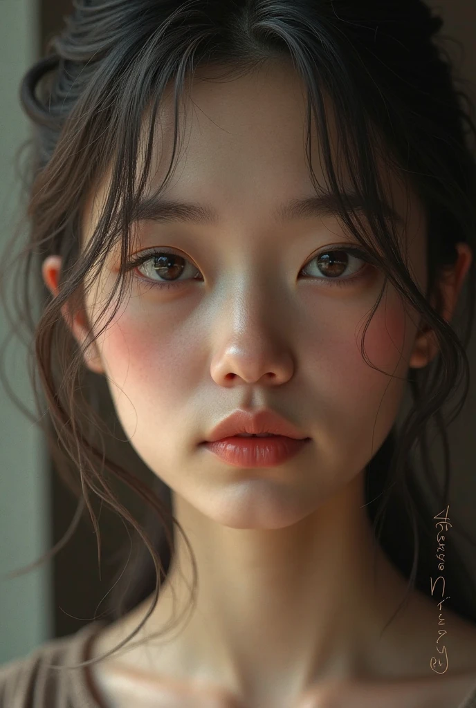 best quality, face focus, soft light, ultra high resolution, (photorealistic: 1.4), RAW photo, 1 Japanese girl, Alone, cute, (pupil, eye highlights), detailed beautiful face, (small chest), (high resolution detail of human skin texture), (long hair), indoor, Apricot Shirt Dress, (Portrait)