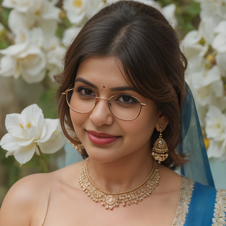 extreme close up photo of naked indian, big cheeks, hourglass figure, curvy, kneel down on all four on table in office, red lips, nerd glasses,big , necklace, sultry, white transparent only saree, no blouse,no bra,look at viewer and subtle smile, (cinematic:1.3), intricate details, (ArtStation:1.2)