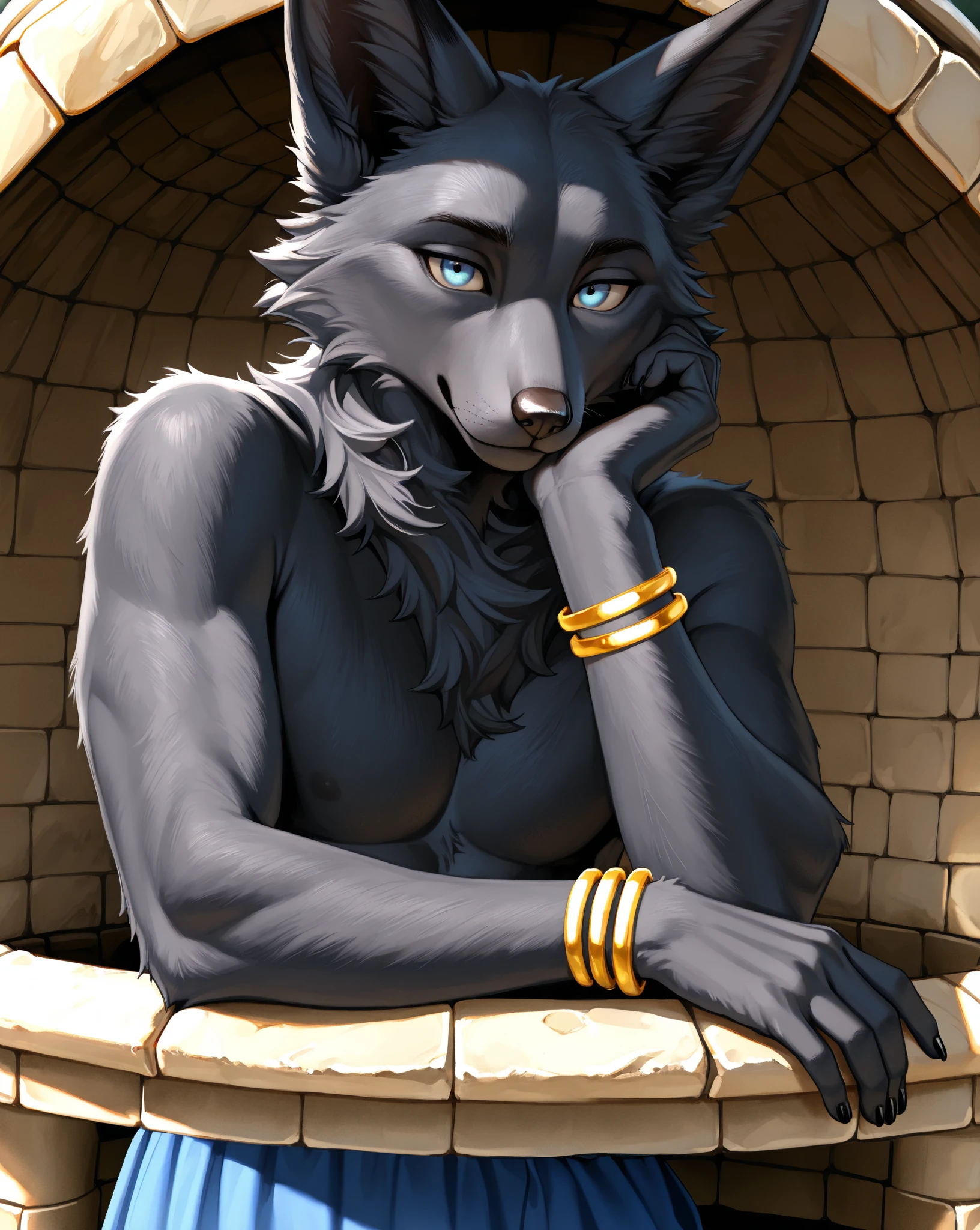 Anubis, Blue eyes, black fur, muscular fit female, (soft shading), 4K, it&#39;s empty here, ((detailed face, detailed)), от zackary911, from Sausch, (for dating:0.5), portrait, upper body, focus on the face, smile, in the bathroom, hair, standing in front of the mirror, looking in the mirror, reflection in the mirror, towel on the waist,