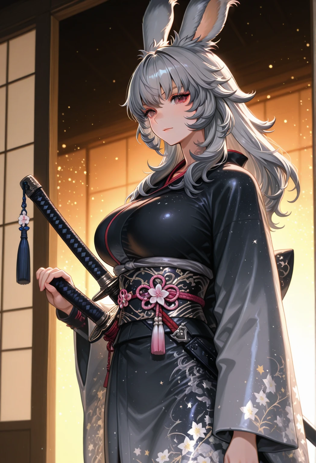 ((extremely realistic shading, masterpiece, extremely detailed, photorealistic)) <lora:blanc-10:0.9>White hair, golden eyes, Japanese clothing, black silk jumpsuit,