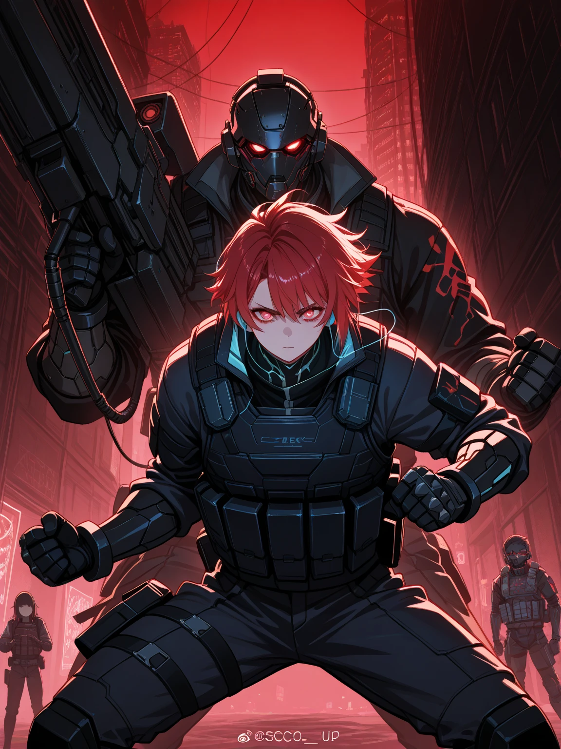 {dark fantasy illustration}, {{muscular man}}, {{1man}}, {{faceless}}, {{alone}}, {{{masterpiece}}}, {{{best quality}}}, {{ultra-detailed}}, high quality, 8K Ultra HD, score_9, score_8_up, score_7_up, black shading, black short hair, glowing red eyes, slightly messy hair, stance pose, tactical gear, tactical vest, robotic gloves, black robotic mask, earphones, stance, holding a large plasma cannon, windy night, hair blowing softly, cold and dimly lit cyberpunk city at night, ambient blue and red side lighting, subtle wind movement, bloodstains on clothes, {{side perspective}}, {{medium shot}}, {{Cyberpunk vibe}}, dark atmosphere, rough lighting, dramatic lighting