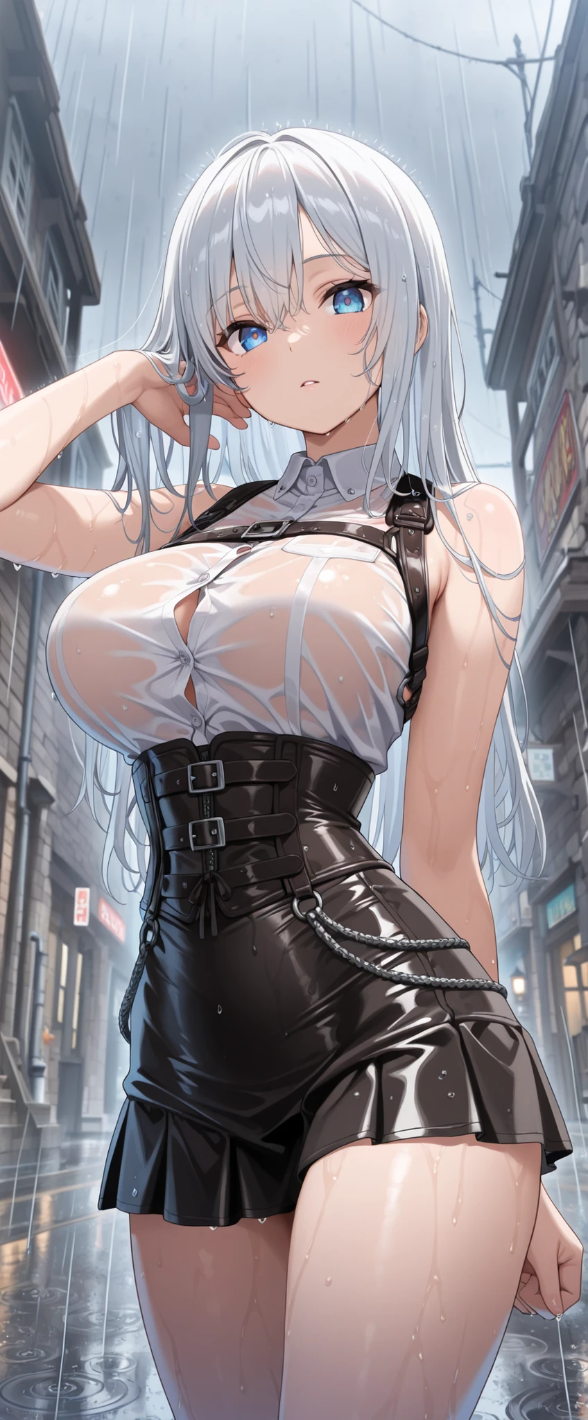Goblin Slayer female version, Female, standing, straight, looking at viewer, handcuffs on their hands, with a collar around the neck, slave, ((black choker, shackles on legs and arms)), heavy armor warrior, own hands together grabing her own gluteous