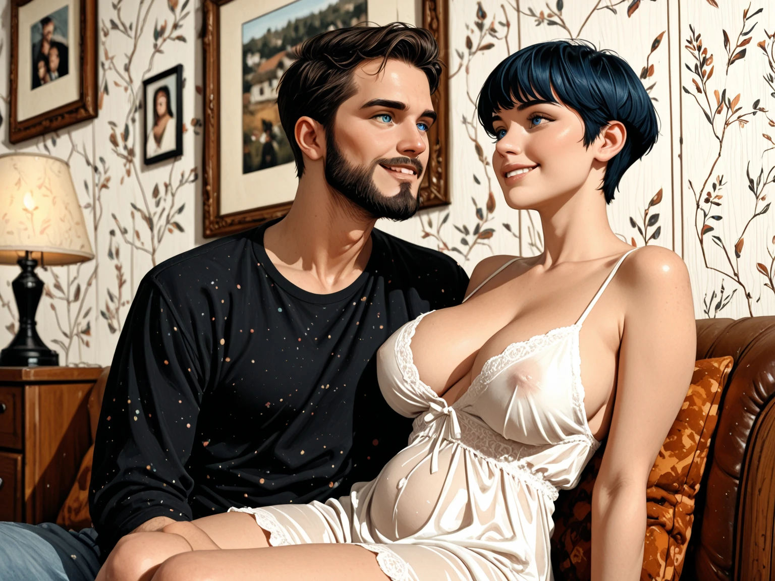 Mature woman squeezes her boyfriend between her ample breasts