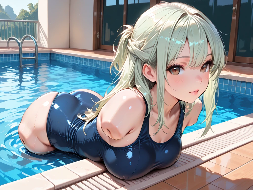 pieces fly、masterpiece、highest quality、Super detailed、High resolution、High resolution、8K portrait、Unity 8k壁紙のHigh resolutionCG、unity 8k wallpaper、cute type little:1.5、upon:1.5、Highly detailed CG unity 8k wallpaper、realistic、real person、cute type little、 portrait photography、shiny skin、High resolution、(18-year-old:1.3)、(1 girl)、beautiful clear eyes、very detailed explanation、delicate face、nice lips、slender body、thin waist、thin legs、(school poolside:1.6)、1 girl, cute type, perfect face, seriously, (blush:1.3),(silver long hair:1.3),(big breasts:1.3), same,(navy blue school swimsuit:1.3),((camel toe:1.3)), ((With nipples 1.3)), Detailed description vagina,show vagina,spread legs,spread ,(((Orgasm in the vagina:1.3)))