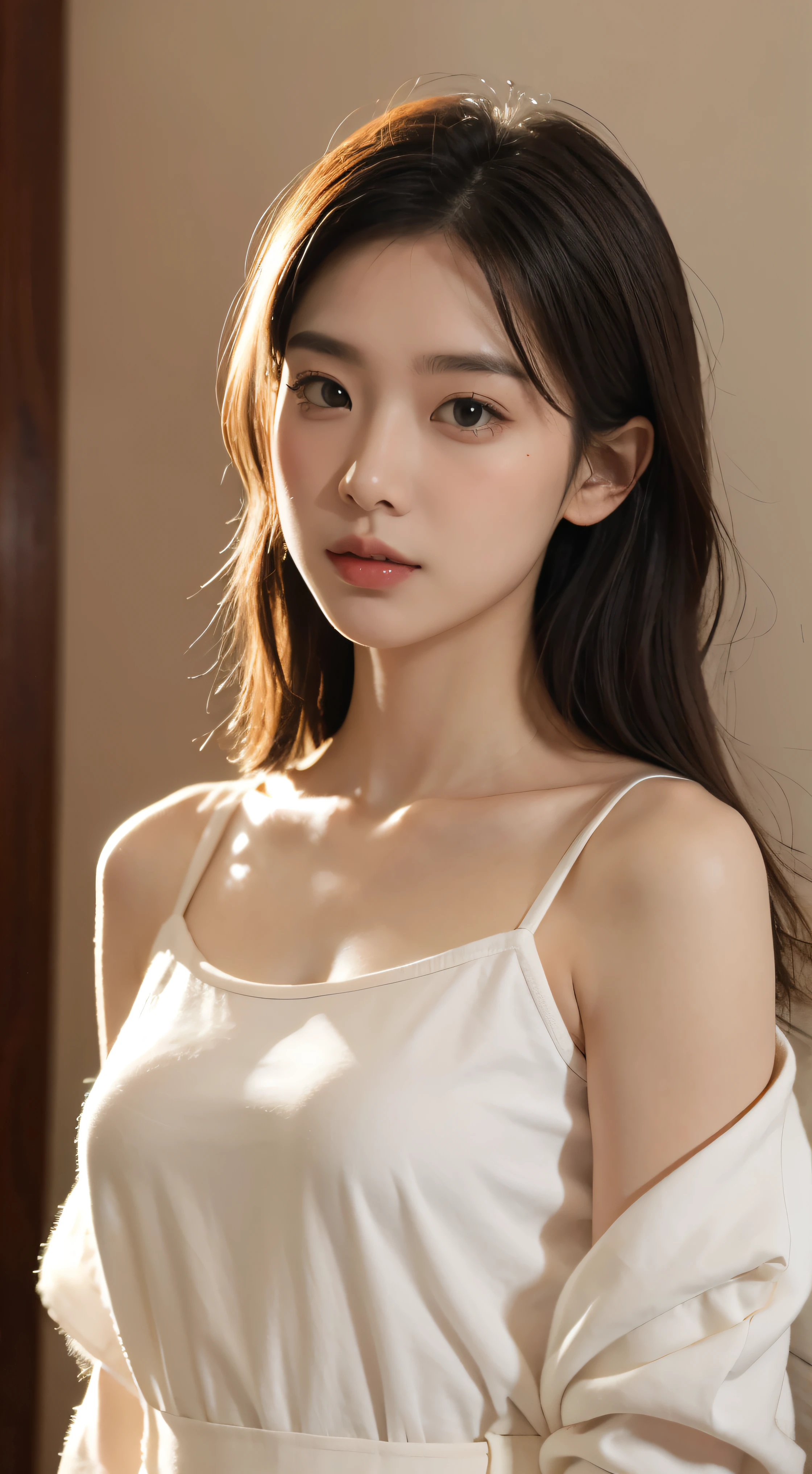 Highest quality、masterpiece、Ultra-high resolution、(Realism:1.4)、 1 person、In a pale background、Deep Shadow、Low Key、Shortcuts、Upper Body、sex appeal、Wearing a thick T-shirt、Cosmetic CM
