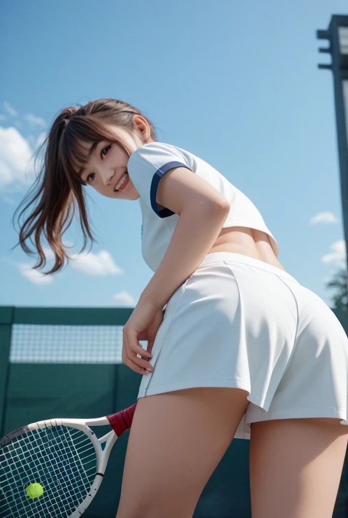 Realistic and high quality photos、Japanese women photos、Cute girl、(nsfw:1.4)、((tennis uniform))、((spread pussy))、locker room、Erect nipples、Big Eyes、Baby Face、high school student、Baby Face、Minors、Beautiful and neat features、whole body、(Long brown hair)、Expressionless,((spread legs))、((squatting))、(pubic hair:1.4),(arm up),((bare breasts))、((show off nipple))、sneakers、(black socks)、Brown Hair、(How:1.2)