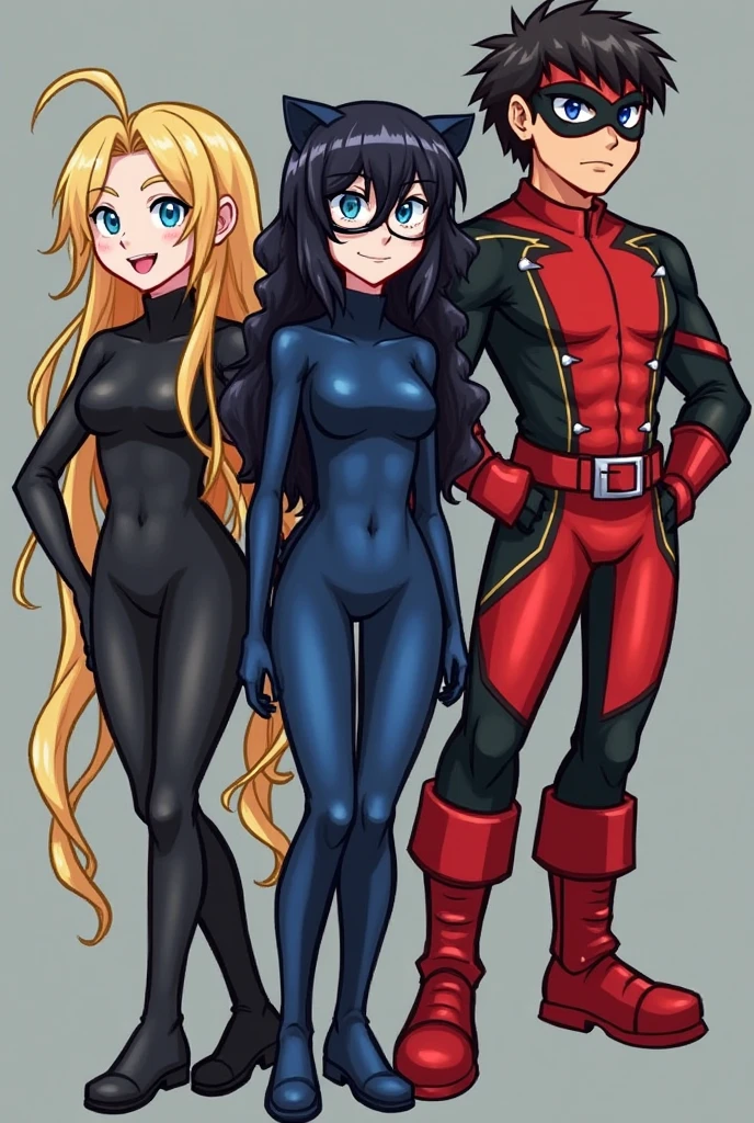 (whole body),masterpiece, highest quality, One Girl, Purple By, Long Hair, Black Hair,  Hair on one eye,  (Red Hero Suit)，Red bodysuit，Black elbow gloves，Black thigh-high boots，Thick thighs，Place one hand on hip，upright，View your audience, smile, Simple Background 