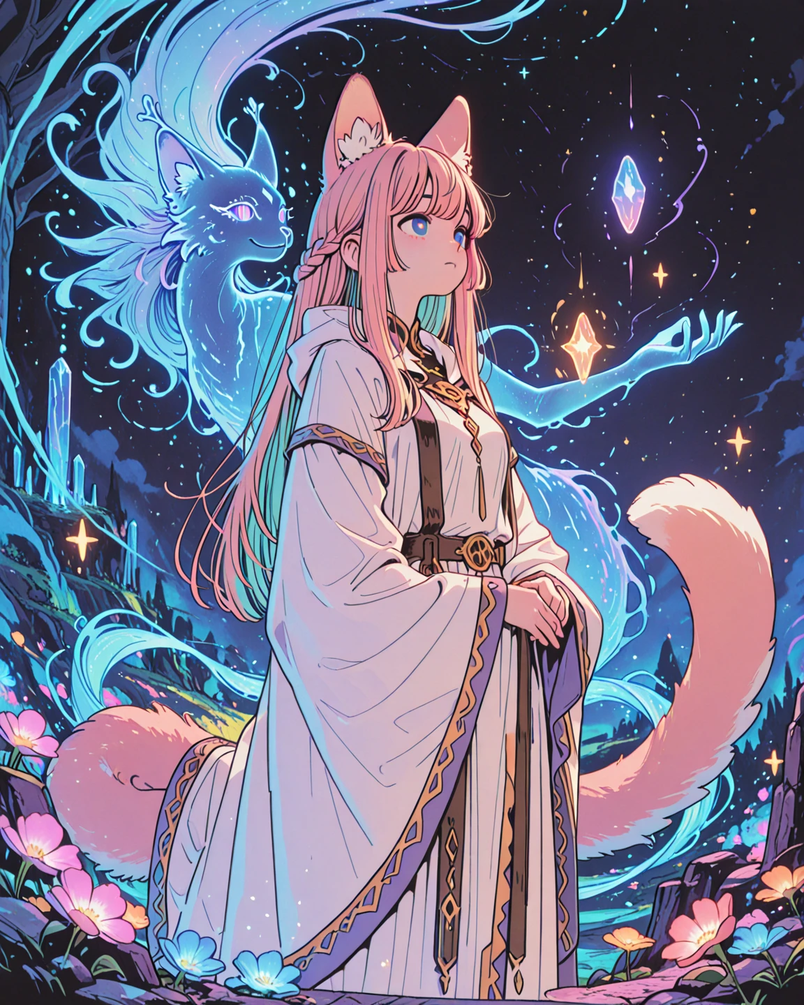 (masterpiece, top quality, best quality, beautiful illustration,official art, anime illustration,beautiful and aesthetic,1woman,:1.5),(floating big carpet in sky:1.8)(A woman relaxing on a carpet floating in the night sky:1.5),Arabian Nights, sparkling eyes, fox ears, delicately crafted accessories, belly dancing clothes, blissful expression, relaxed, fun, masterpiece backgrand, night sky, shooting star, crescent moon,