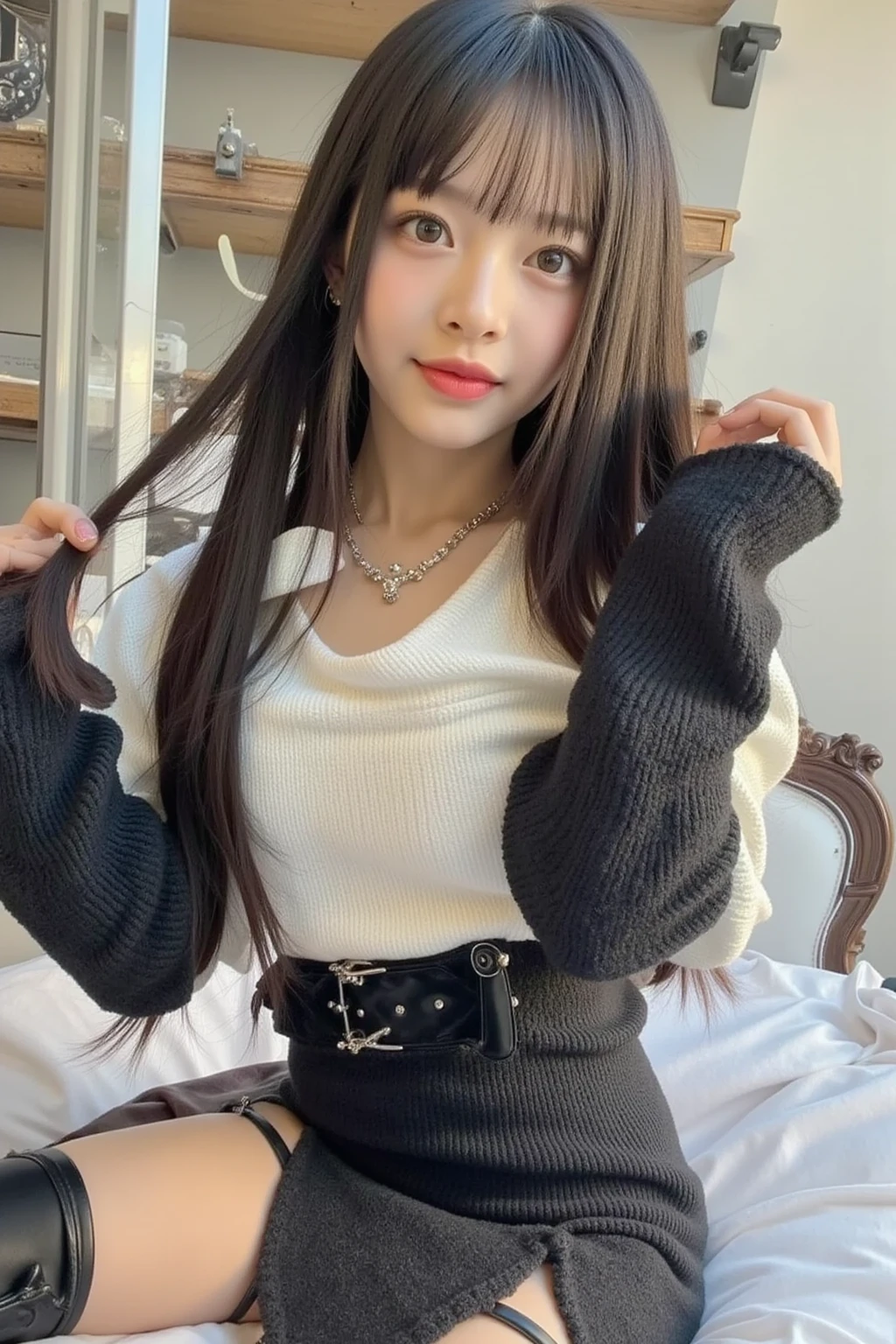 (Highest quality,8K,High resolution,masterpiece:1.5),alone,Beautiful attention to detail,Beautifully detailed face,plump:1.2,Attractive face,Long and straight、Black hair cute outfit,girl,girl in a hotel room,Slightly downward-facing eyes,Short skirt,Visible cracks,Japanese woman in her 20s,Seductive look,Little pout,plump lips,Rebellious Makeup, I can see up to my knees　A little ugly　Female college student