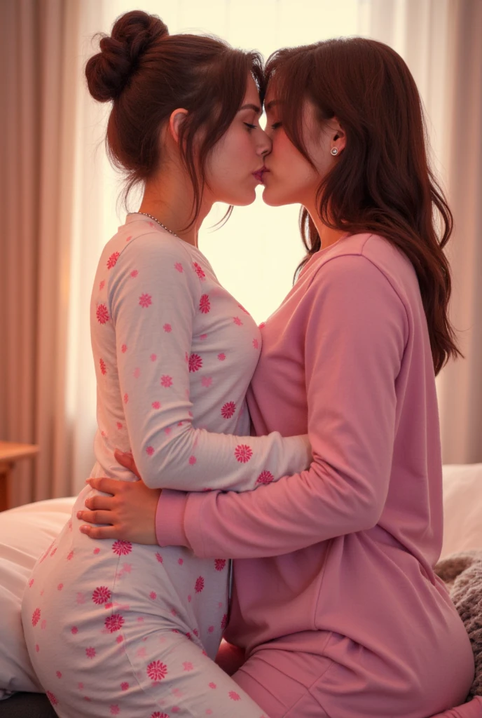 chaesoobin, identical clones, kissing, embrace, sitting on bed, pajamas, photorealistic, high quality