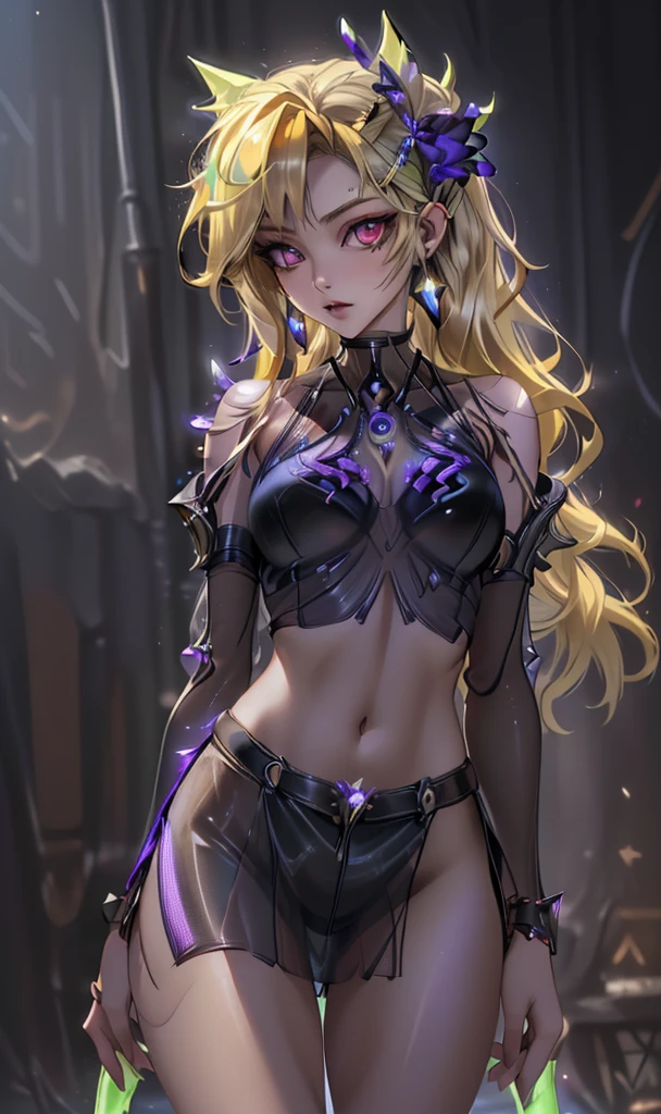 nsfw,Master piece,best quality,ultra-detailed,high resolution,octane render,vndvalkyrie,blonde hair,shining hair,(1 girl),beautiful girl,beautiful mature face,panty shot, ((detailed cameltoe)),white side-tie panties,garter belt,bare shoulders,seductive young woman,female focus,beautiful breasts,full body,(perfect body),standing,(dark purple Cut-Out Bikini with Crimson micro skirt),((see through)),midriff peek,black Choker with chains and Midi Ring,(blonde single braid),big bright green eyes, glowing eyes,(beautiful detailed eyes),cute,cool,pale skin,faint lips,seductive and confident smile,open mouth,(hair, realistic:1),stand,holding_weapon,silver Halberd,open legs,girl trembling with sexual climax,pussy juice stain,shy,Blushing face,fantasy,sweat,steam,(in cave with tentacles)
