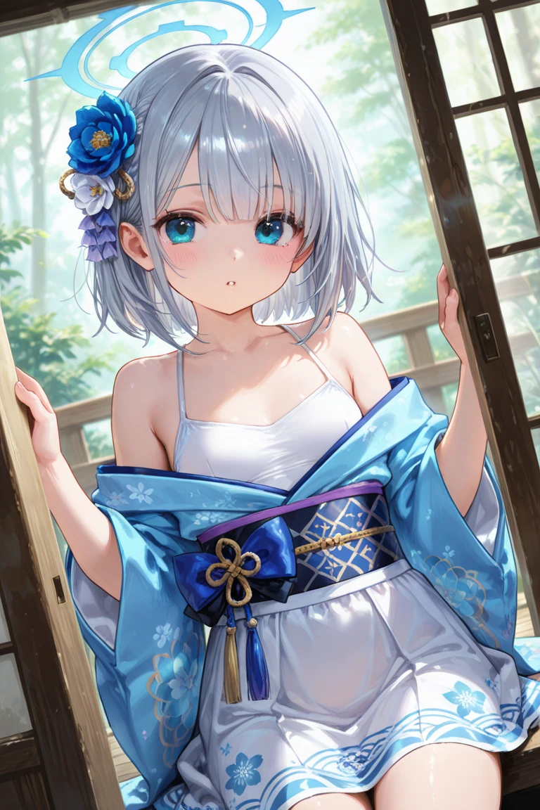 photo, masterpiece, best quality, wallpaper, 1girl, sky blue eyes, sky blue hair, short hair, hair accessories, kimono,