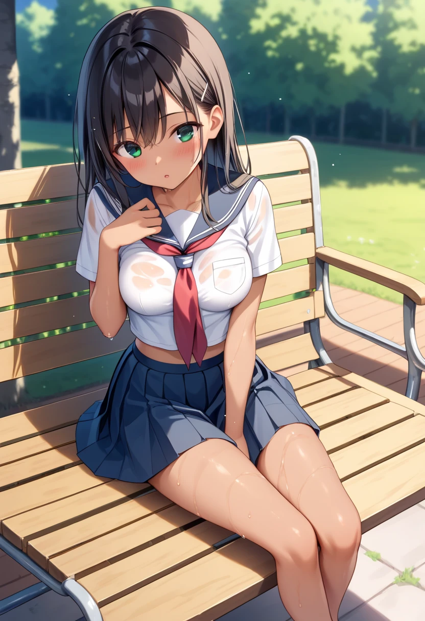(masterpiece:2.0), (top-quality:2.0), (Ultra mini skirt extremely short length school girl uniform:1.5), (sitting naked in the lake:1.5), (view from the side:1.5), (super sexypose:1.5), (blushed face:1.3), (barechested:1.3), (Spilling boobs:1.4), (realistic:1.5), 1 little girl, precise small hands, Embarrassed look, light smile, extremely cute girl, innocent face, young face, Clear eyes, Shining eyes, small breast, cleavage of the breast is visible, under the boobs, (abdomen is visible:1.5), The buttocks is visible, The crotch is visible, No pubic hair, dynamic posing, The beautiful skin, ultra-definition, Top resolution, japan high school student, brown hair,