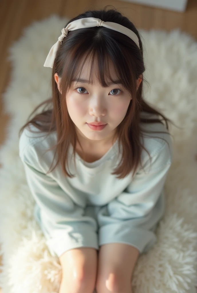 cloth is blue, brown hair