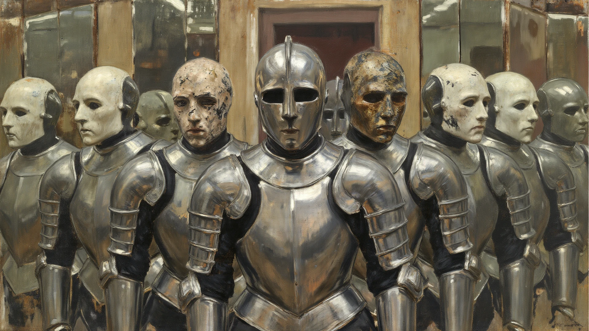 three men in armor standing next to each other, inspired victorian sci - fi, featured on vimeo, looks like christina ricci, modeling photograph kerli koiv, award - winning 4 k photograph, inspired by Ravi Zupa, connected to heart machines, blue - grey gear, steam-punk --auto --s2