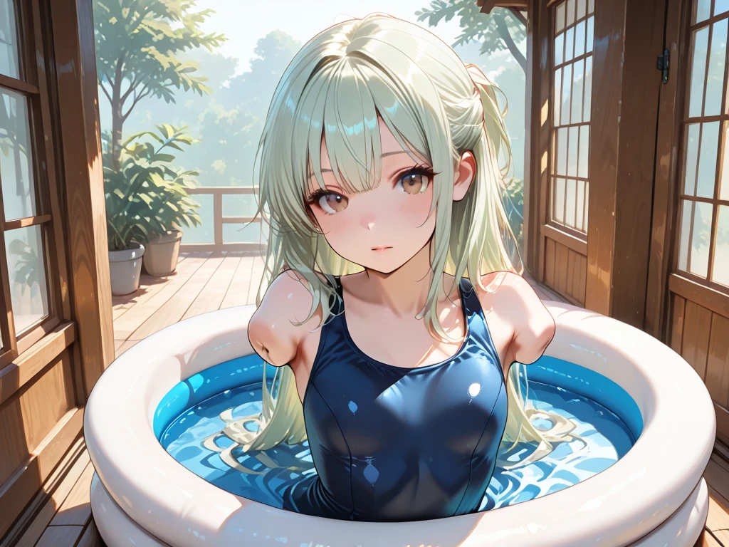 ((best quality)), ((masterpiece)), (detailed), happy goblin girl, green skin, pointy ears, yellow hair in tight ponytail, tiny breasts, 3 feet tall, very small, very tiny, very thin, muscular, bubbling water, in a very large modern white public outdoor hot tub, pov sitting across from, looking at viewer, naughty smile, teasing, bubbles from hot tub covering breasts, sitting low in water, water covered in bubbles from hot tub, wearing one piece swimsuit, sideboob, in water, partially submerged, sexy, bubbles in water, hot water, steamy, one-piece swimsuit,