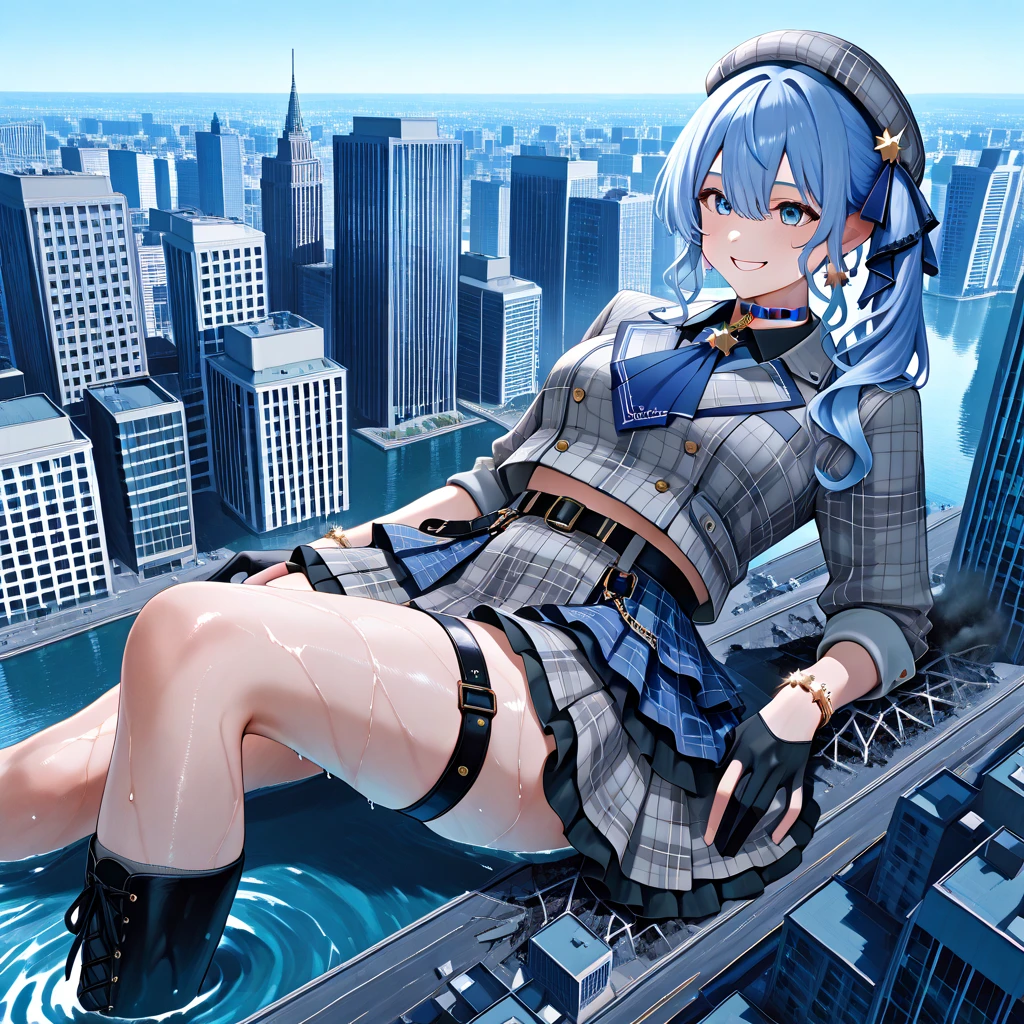 Masterpiece, Best quality, stars, Night, sky, Real, Cityscape, Huge_filesize, the wallpaper, Girl,  yukkuri_shiteitte_The No, Medium hair, Striped hair, Wavy hair, view the viewer, aqua eyes, grin, Sparkling eyes,  shirt, Sweater jacket, Bare_bshoulders, Miniskirt, Sukusui, white thighhighs, Earrings, fingerless_mitts, half gloves , Spread legs, Legs_Up, Sam_polypubic hair, Skirt lift,