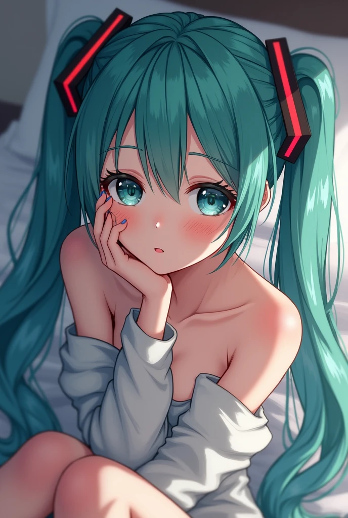 Hatsune Miku, Camisa branca, Saia preta, na cama, de frente, vista traseira, pose de cachorrinho, Cabelo azul cauda dupla, Ecchi,