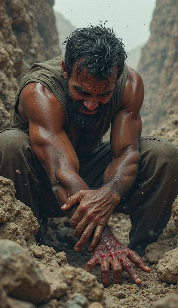 create a man helped by God who will have his shining hands helping him get out of a mud puddle, realistic image, with fog, 8k, hd,, high details, trending on ArtStation, Deviantart, concept art, award winning, cinematic, hyper