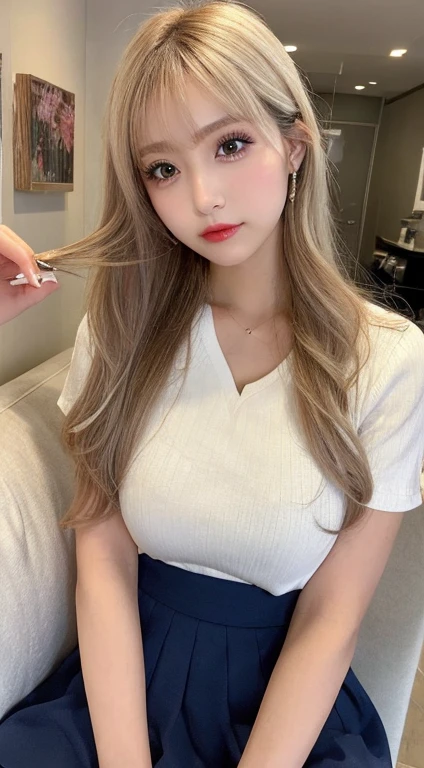 8k, Top image quality、Raw photography、超A high resolution、1 pretty girl、Colossal tits:1.3、cleavage of the breast:1.3 、white tight shirt (transparent)、open shirt show , (detailed clothing), (detailed black short skirt), (pantyhose), full body, fair white skin、shiny white skin、(wavy blonde hair) layered hairstyle、dark brown hair、Beautiful eyes with random colors、very thin lips, finely detail、elongated eyes、pale pink blush、long eyeslashes、Beautiful double eyelids、eyeshadows、耳Nipple Ring、Company Office、Lighting that emphasizes beautiful skin、Lustrous skin