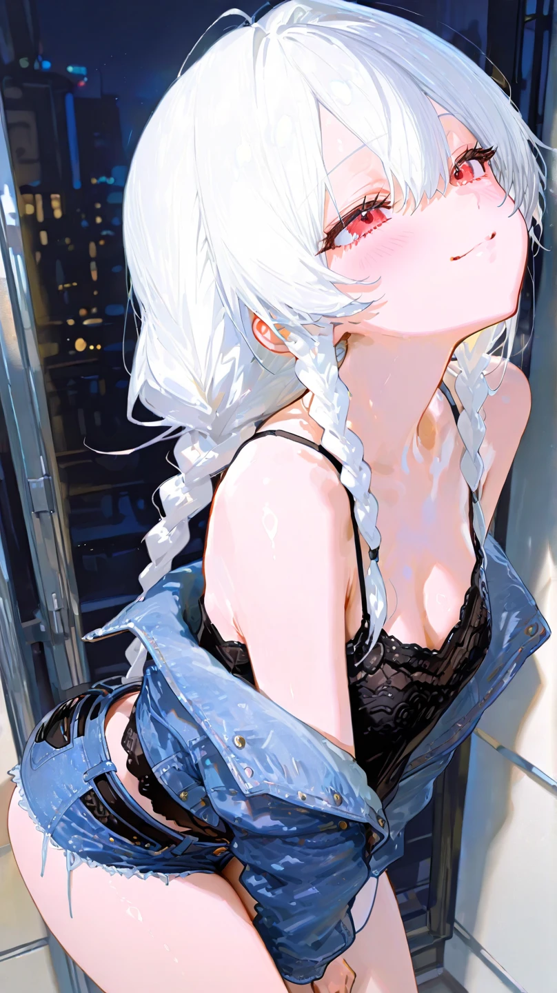 absurdres, RAW photo, extremely delicate and beautiful, masterpiece, Best Quality, ultra high resolution, 32k, hyperrealistic, ultra-detailed, perfect anatomy, super Detailed skin, perfect figure, Super Beauty, Perfect Style, Perfect balance, Beautiful Lighting, Perfect Lightning, Realistic Shadows, 20 years old, very Slim body, narrow waist, very small head, very small face, delicate facial features, handsome detailed woman, very detailed eyes and face, realistic face proportions, Realistic beautiful face, Realistic beautiful eyes, tearful mole, earring, very huge round breasts, legs, medium hair, asymmetrical hair, whole body shot, indoor, (yuri, 2girls), plain white shirt, denim shorts,