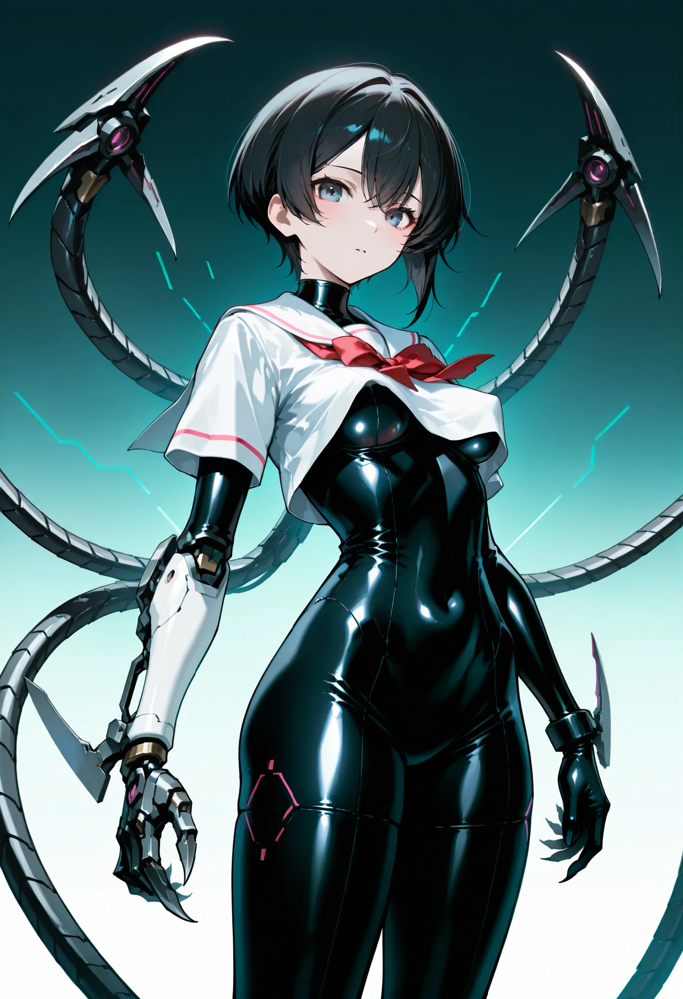 Armed girl. Black hair. Short hair. Intercom. Japanese school uniform top. White uniform. Glossy. Black bodysuit. Latex bodysuit. Perky breasts. Slender waist. Thighs. Electronic circuit pattern costume. With mechanical monster. Turret. Mechanical tentacle arm. Tentacle with claws.
