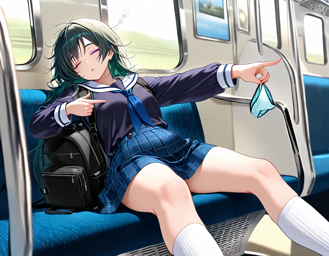 (1) A woman is sitting alone on a long seat in a train. She spread her legs、Showing white panties, Composition from the front,Low - Angle
(2) She is a high school girl, She is wearing a uniform consisting of a miniskirt, sailor suit and loose socks..
(3) she has medium length brown hair.
(4) Her expression is provocative and smirking.
(5) The location is a long seat on the Yamanote Line at night.. There are no other customers. The view outside the window is the night view of the city.