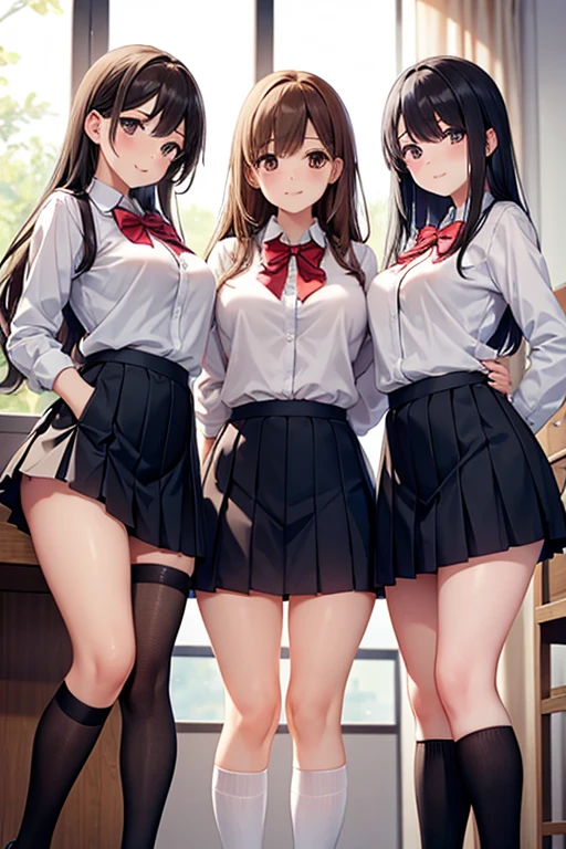 (((masterpiece, Highest quality, High resolution, 超High resolution, Pixel perfect, Written boundary depth, 4K, RTTX10.0, High resolution))), Beautiful Anime Women, Beautiful art style, Anime characters, ((Long Hair, bangs, Dark brown hair, ponytail)), ((Smooth texture, Realistic texture, Anime CG Style)), Perfect body, (Slender body:1.2), Exact finger count、Exact number of legs、(Exact number of arms:1.0, Exact number of hands:1.0), (Three women standing side by side, Lean your torso against the table to expose your buttocks., Angle from above the back:1.3), (Fashionable white shirt, Sailor collar, Knee-high socks, loafers, Pleated mini skirt:1.3), Realistic, Highest quality, High resolution, Perfect lighting, Highly detailed CG, (Perfect hands, Perfect Anatomy), (School classroom:1.3), Daytime lighting, whole body, ((Stylish shiny satin panties, side-tie white panties, Black lace trim :1.3)), (Beautiful and thin thighs、Beautiful little ass:1.3),cum in pussy,nsfw