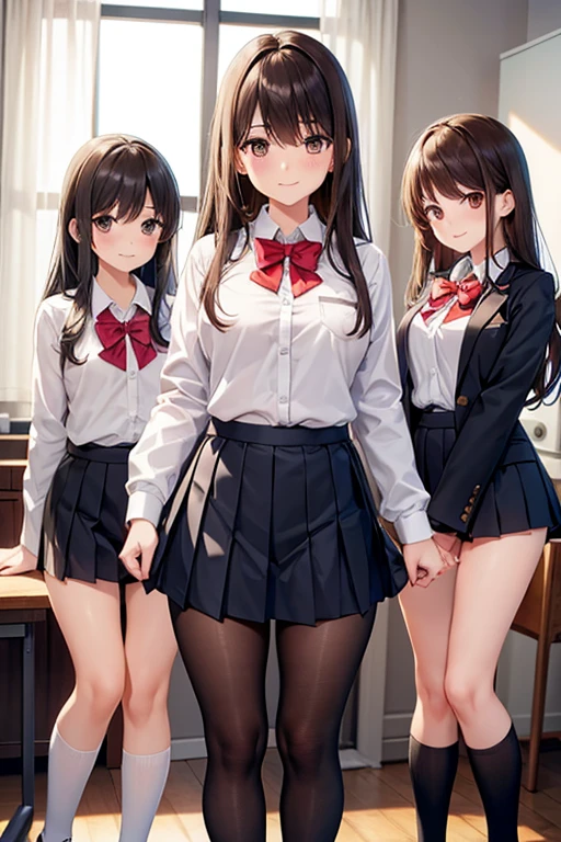 ((2 girls))、laughter、blush、shirt、のskirt、、((fun))(small breasts)、chiralism、black hair、(single braid)、(黒いskirt:1.3)、bow, button, 襟の付いたshirt, long sleeve, マイクロskirt, プリーツskirt、(Jacket)、 skirt, socks, thighs, 白い shirt, Rest indoors, ((classroom:1.5))、 BREAK looking at viewer、skirtの破れ,(skirtを掴む:1.5)、 (perfect hands, perfect anatomy),cowboy shot、(skirt lift:1.3),(Very detailed white panties:1.3)、(Very detailed panties:1.3)、、(skirt that rolls up:1.3)、(fully exposed panties:1.5)、