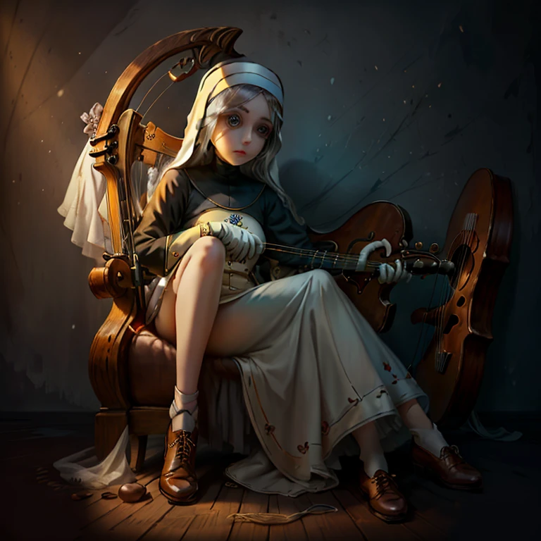 masterpiece, best quality, (very detailed CG unified 8k wallpaper), (best quality), (best illustration), (best shadow), real, realistic lighting, (abyss), beautiful detailed glowing, the art of PeterMohrbacher, 1girl (solo:1.5), bard, the whole body, playing a lute, beautiful, very beautiful, delicate face, realistic expression, skirt, smile, woman,