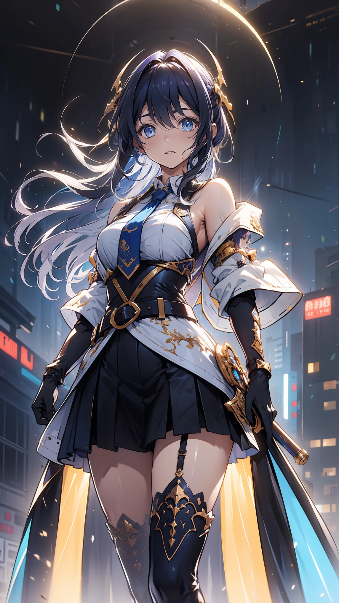 Satsuki Kiryuin, very large breasts, tight leather stockings, White stockings, White shoes, jinkesu clothes, white suit, Straight posture, Long katana in hand, Evil smile, very detailed, super quality, 8k ultra resolution, holds a katana with both hands, Short skirt, clothing straps, straps cover nipples, against the backdrop of a burning city, apocalypse, everything is on fire, blood on the cheeks, Epic Shot, in a fighting pose, blurry plan