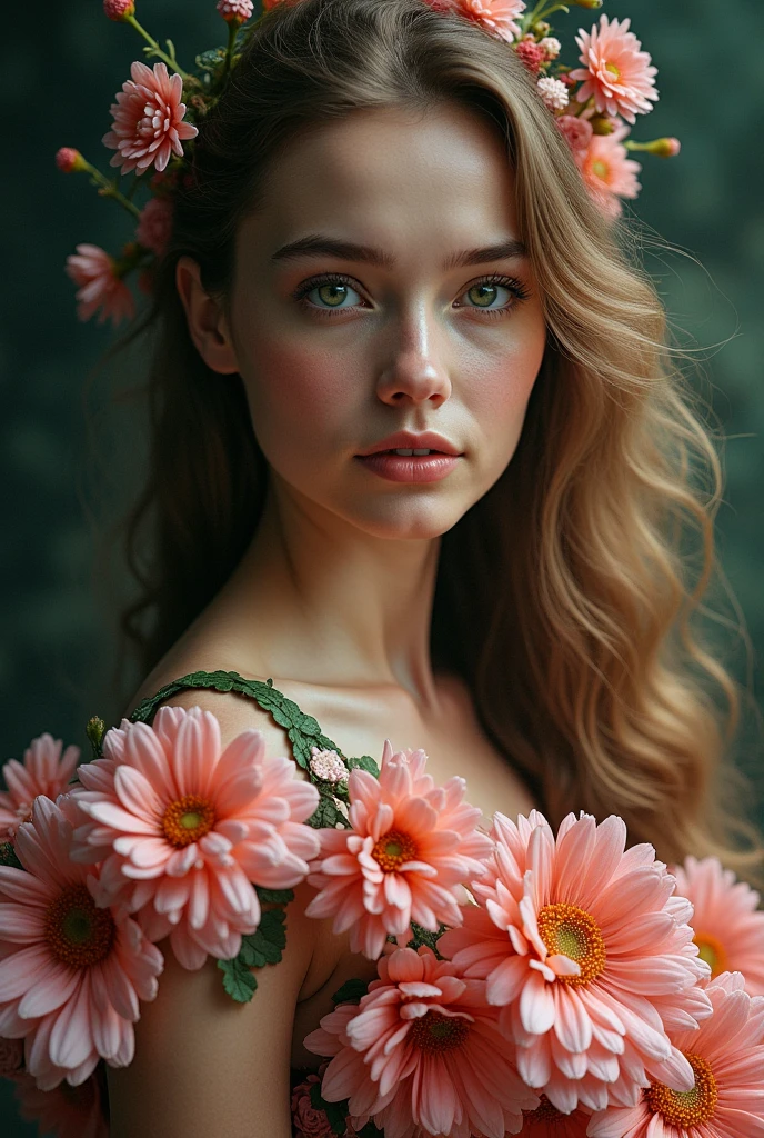 ((RAW photo, analog style)) award winning extremely high detail digital RAW color photo, there is a woman with flowers in her hair and a flower crown, beautiful portrait photo, flower storm portrait, beautiful fantasy portrait, floeers in hair, flowers in hair, beautiful fantasy art portrait, beautiful portrait image, flowers on hair, impossibly beautiful portrait, flower goddess, surreal beautiful young woman, woman in flowers, beautiful digital artwork, flower in her hair