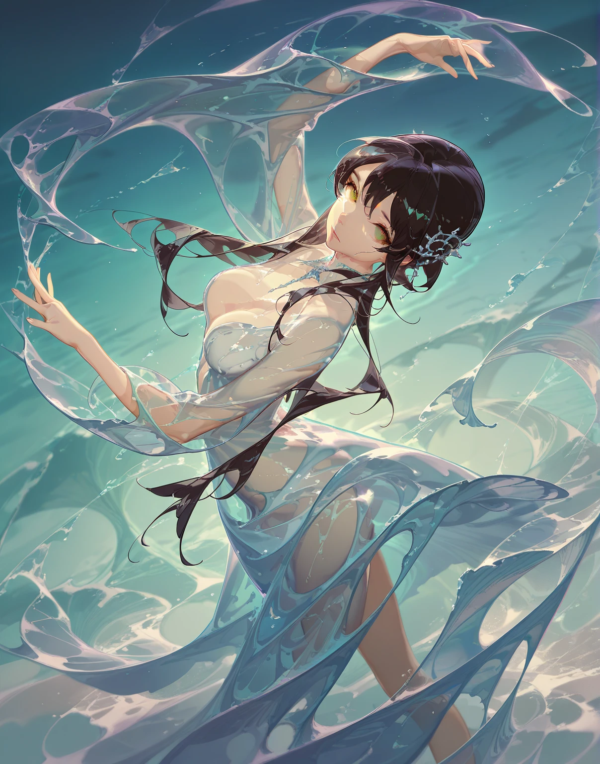 detailed, aesthetic, beautiful, beautiful color, amazing quality, best quality, underwater, 1girl, butterfly wings, black hair, dress, blue eyes, looking at viewer, floating hair