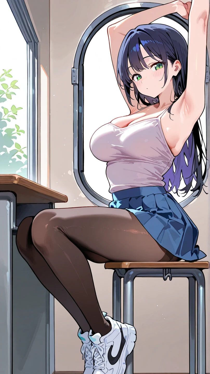 Age 25、Mature Body、 Black Hair, (Brown eyes:1.5), Long Hair,Excited,Open your mouth,驚いた表情
break green skirt, Plaid, Plaid skirt, Cainan High School , , skirt,Short sleeve,
break looking at viewer,
break indoors, classroom,
break (masterpiece:1.2), Highest quality, High resolution, unity 8k wallpaper, Highly detailed face, Perfect lighting, Highly detailed CG, (Perfect hands, Perfect Anatomy),(Big Breasts)Saggy breasts,(Showing cleavage),(skirtを持ち上げる1.5),Angle from below、(((Light pink panties))),Thin arms