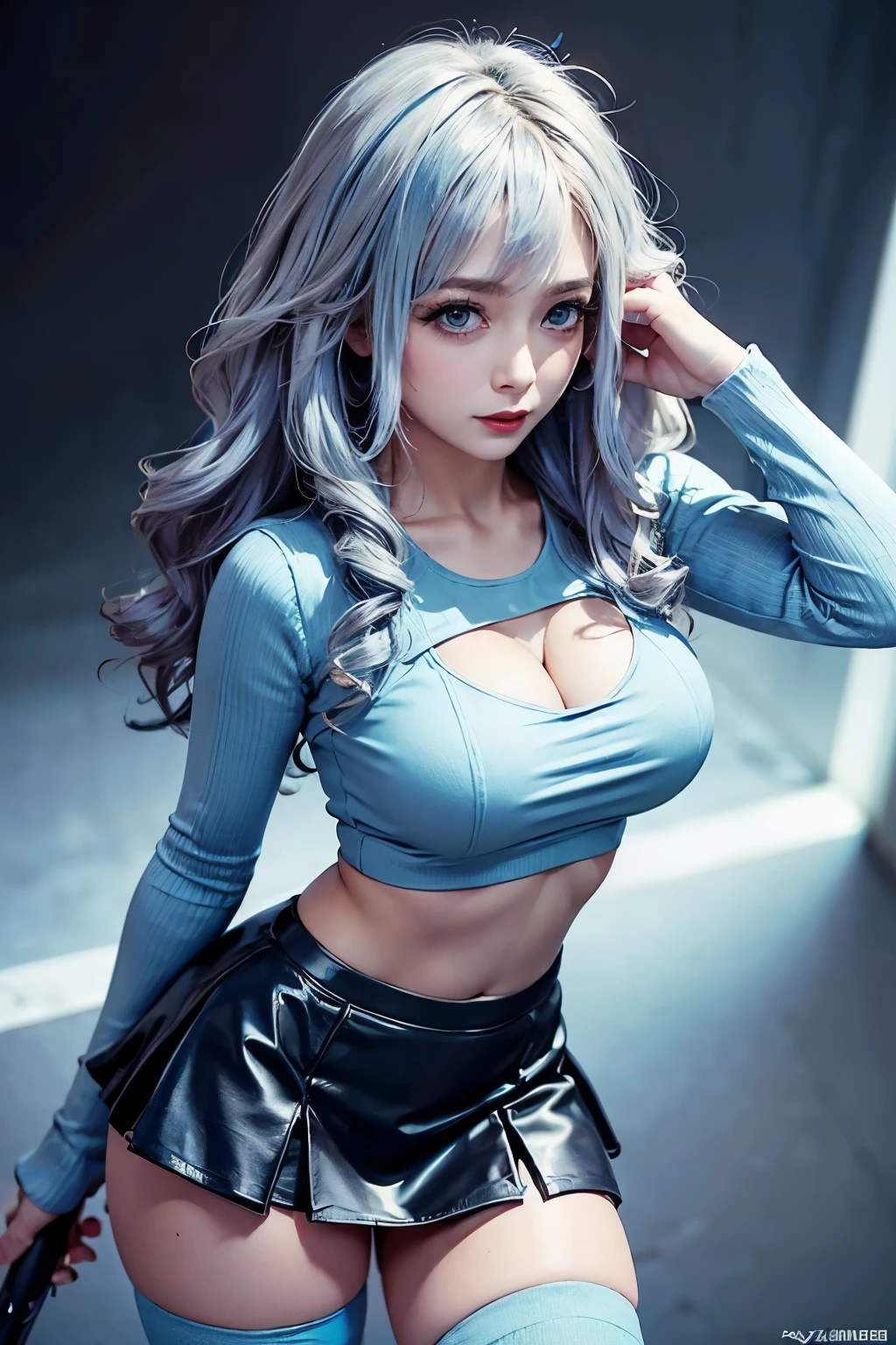 (best quality,ultra-detailed),cosplay costume, anime, girl, adorable, Silver Hair、Long Hair, detailed eyes and face, cute pose, dynamic, whole body、Tube top、belly button、slouch、From above