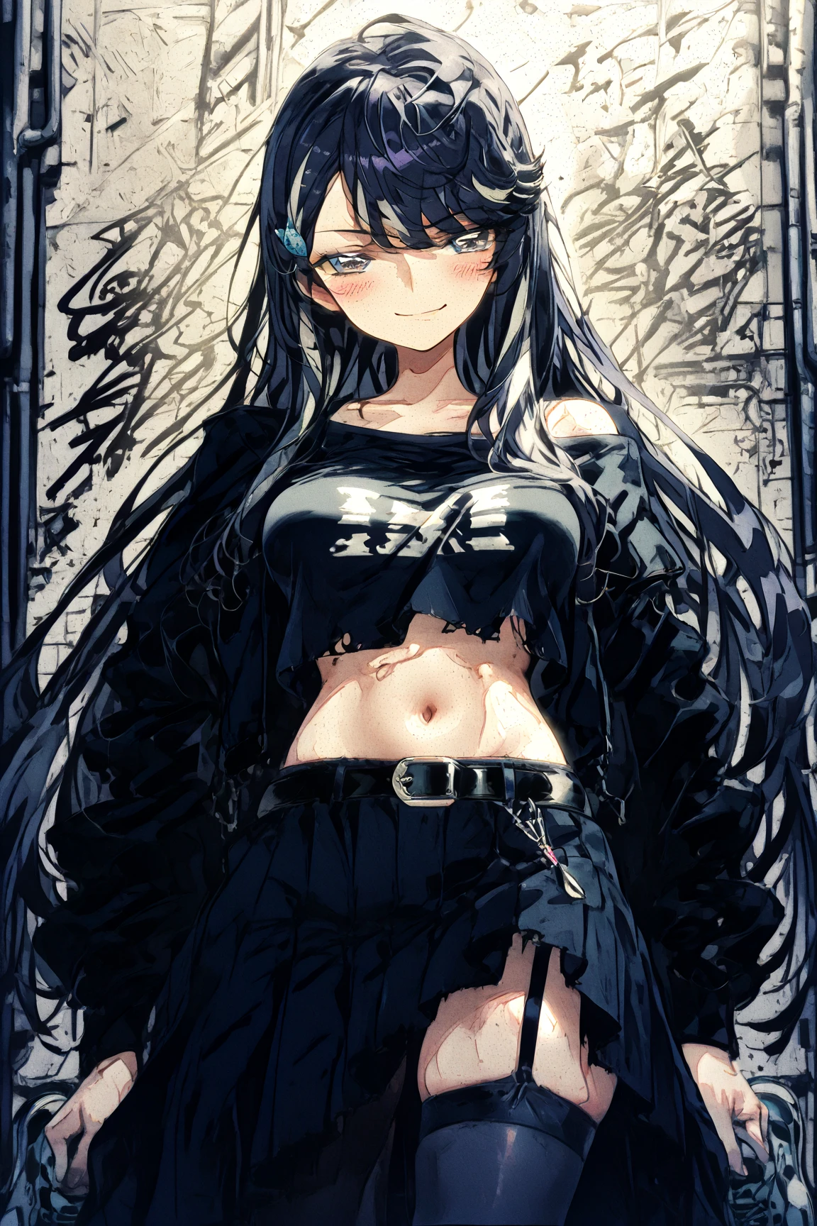 masterpiece, best quality, 1girl, long hair, black hair, straight bangs, grey eyes, exposed arms and shoulders, black shirt, (print on shirt:1.2), (black metal print shirt:1.4), (underboob:1.2), navel, midriff, thighhighs, garter straps, (grey plaid pleated tartan skirt)