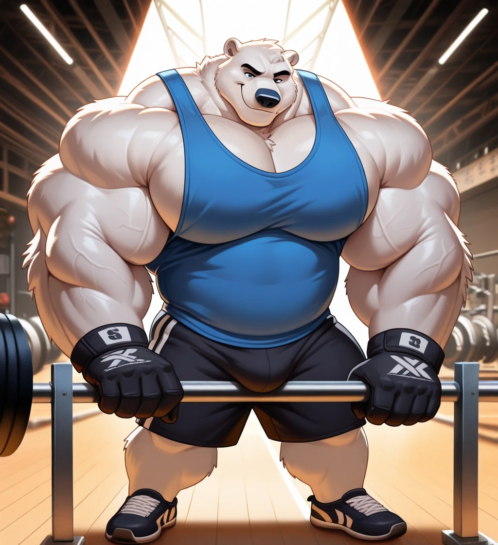polar bear dad male gym tank top lifting barbell from down to top slighly well built , blue eyes glasses, head crest white hair,wearing gym shorts, wearing white sock, disney profile, drawing lineart full body shading evil smug, huge muscular body, pulleys