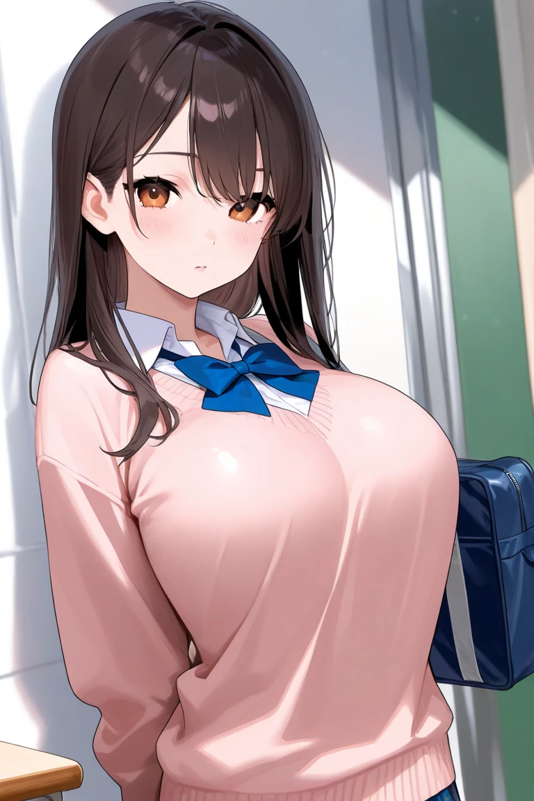 masterpiece, best quality, high resolution, UHD, RTX, pixel perfect, depth of field, 4k, highly detailed, 1 girl, single, solo, beautiful anime girls, beautiful art style, anime characters, long hair, open bangs, middle hair bangs part, dark red hair, black eyes:1.4, round eyes, beautiful eyelashes, realistic eyes, detailed face, blush:1.2, fine texture:0.75, realistic texture:0.65, photorealistic:1.1, CG anime style, bright color, breasts medium, cleavage, busty, dynamic angle, perfect body, POV, dynamic pose, looking at the viewer, wearing high , backpack, 1 diamond necklace, hoop earrings, pouting, tsundere, shy, class, leaning over front