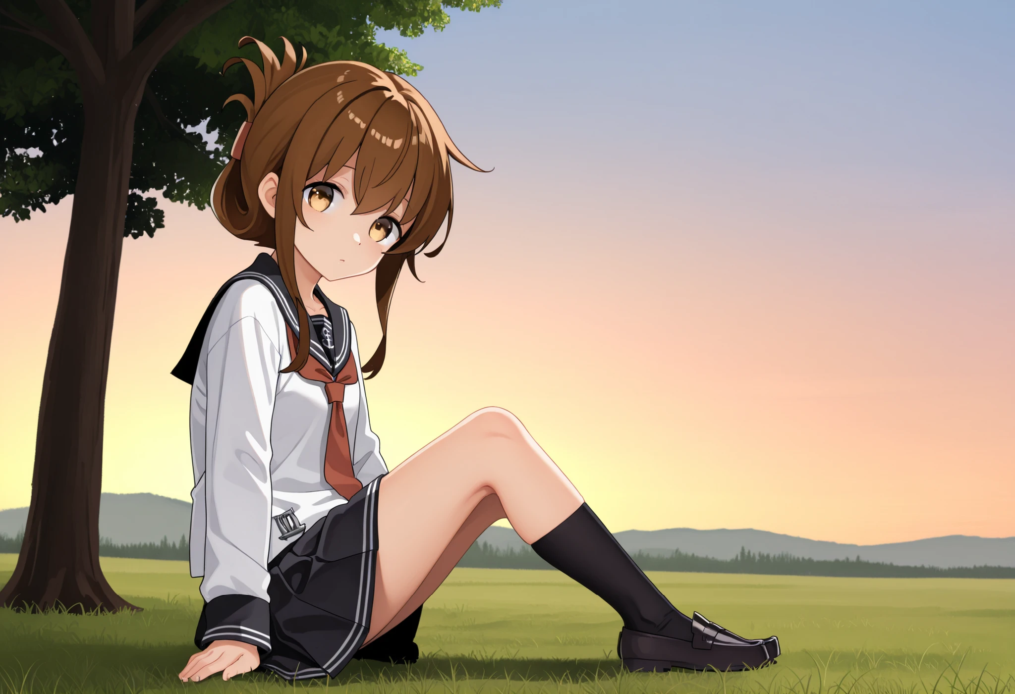 1girl, inazuma \(kancolle\), brown hair, folded ponytail, long hair, brown eyes anchor symbol, black sailor collar, long sleeves, neckerchief, school uniform, serafuku, pleated skirt, black skirt, black socks, loafers,,looking at viewer,outdoors, sky,grass,tree,