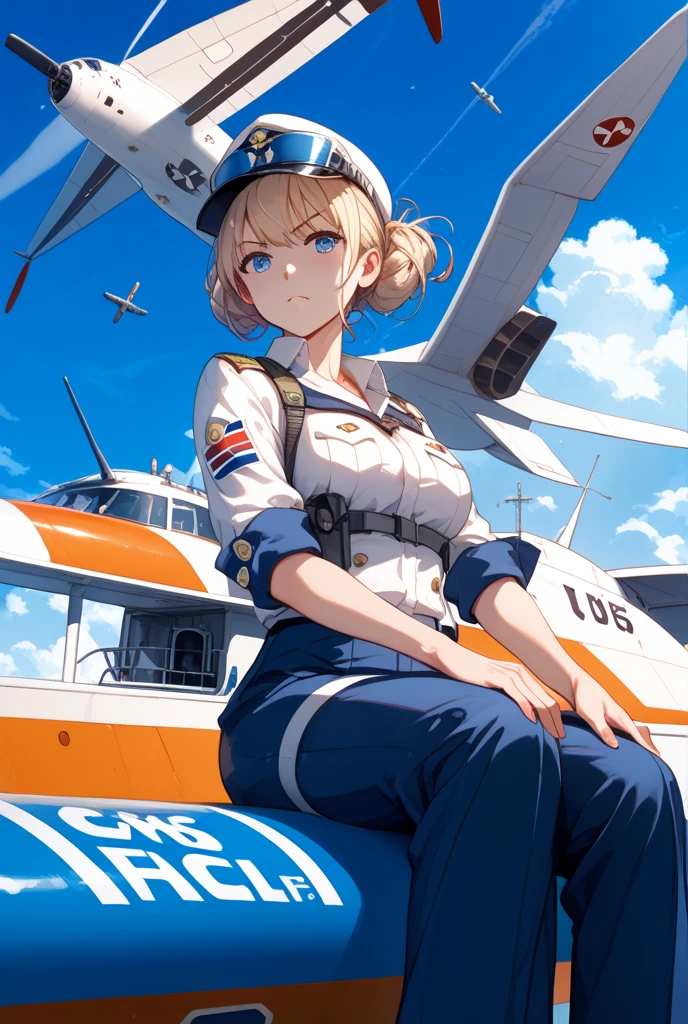 （（（​masterpiece）））、（（（Top image quality）））、（（（top-quality）））、（Illustration of one woman）、full body Esbian、30-years old、（（（neuter）））、（（Blonde twintails））、Light golden eyes、（（tall））、（（（Muscular and strong body）））、（（（Split abs）））、（（（muscular and thick arms）））、（（（muscular and thick legs）））、（（（manspreading）））、Opening legs、（（Military uniforms））、（（Military Cap））、（（Military coat））、（white  clothes）、（White pants）、（White cap）、trench coat、（（Inside the spaceship、Sitting in the captain's seat））、（Outside the window、Earth seen from space）