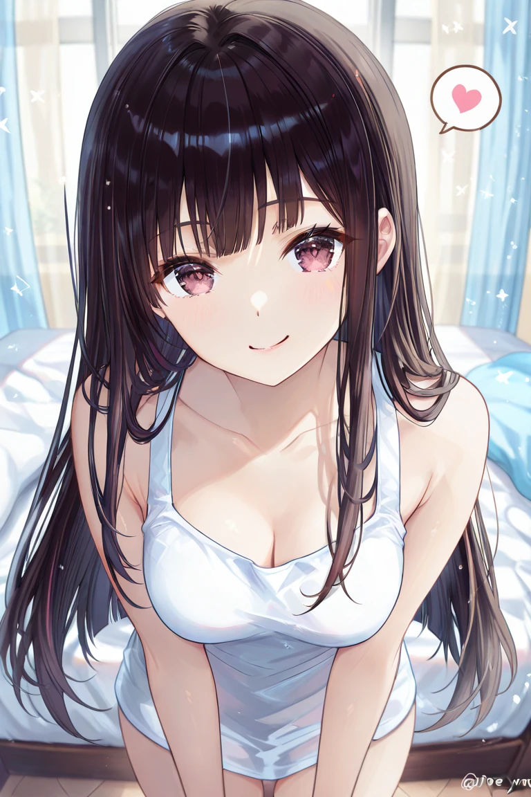 anime girl with long black hair sitting on bed, seductive anime girl, long　ponytail hair, anime visual of a cute girl, beautiful alluring anime teen, anime best girl,black hair, anime girl with long hair、Sheer white bra、White panties with a ribbon、White and black striped ribbon tied in her hair、masterpiece、Detailed Description、Dark Eyes、Embarrassed expression、Description from a bird's-eye view