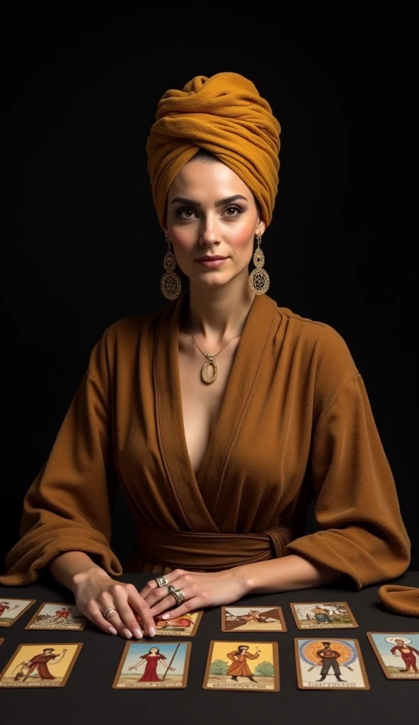 A Cuban woman with WHITE skin, with yellow hair, with African descent, but let his complexion be white. Between the ages of 40, with a yellow dress, and with his yellow turban, with bracelets and rings, and at his feet some skulls and sea snail shells.