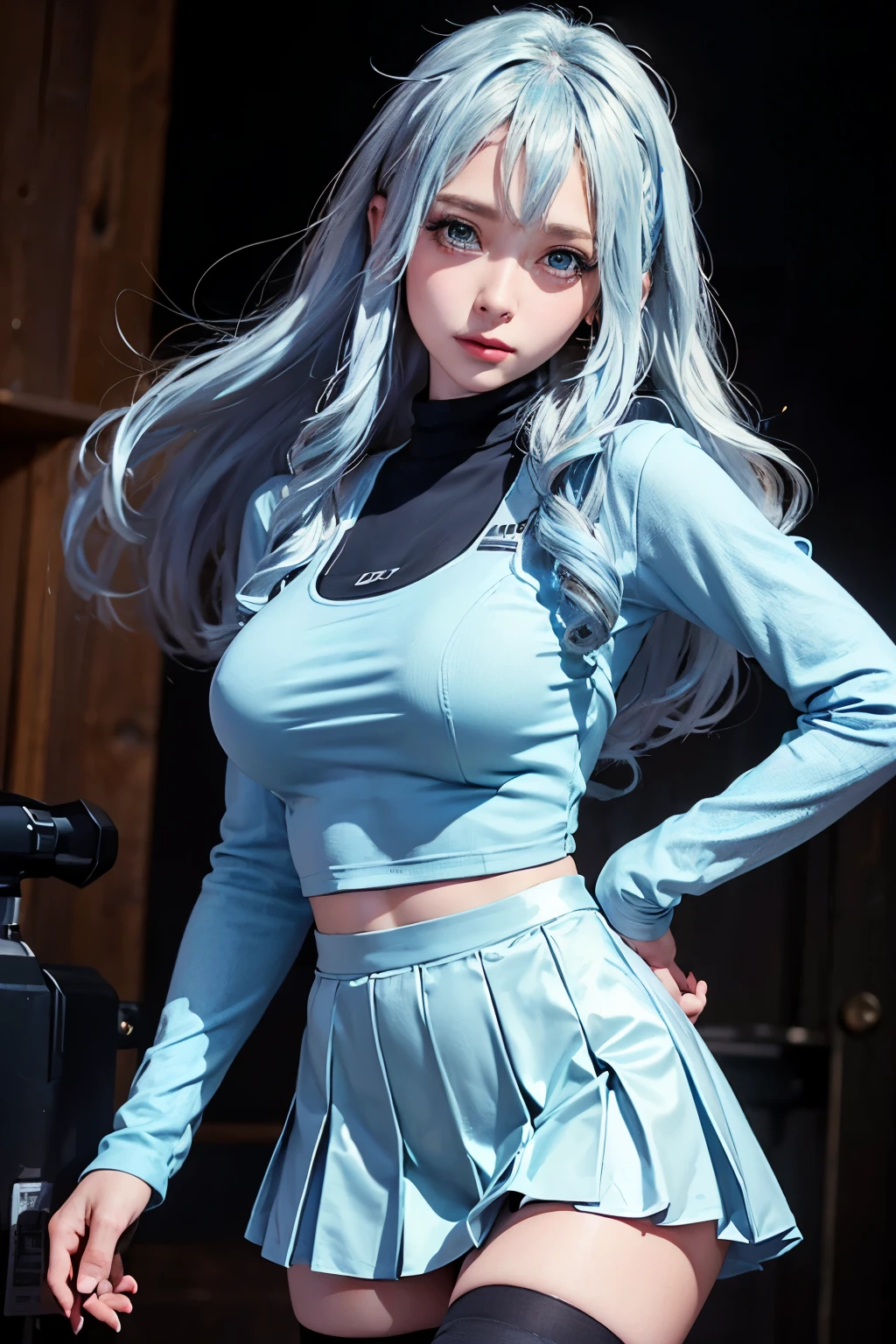 photorealistic, high resolution, soft lights, 1women, solo, hips up, blue eyes, white hair, long hair, shirt, skirt, thigh highs