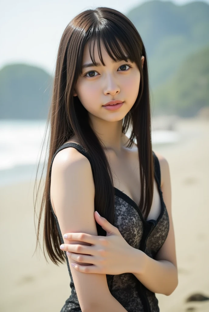 (highest quality、8k、32k、masterpiece、Ultra-high resolution: 1.2)、Cute Japanese Photos、Small breasts、Very neat style、Black layered long hair、whole body、whole bodyフォーカス、necklace、Simple Background、whole body、Positive、On all fours、clear、Honor student、String half cup bikini、knees、Thighs、smile