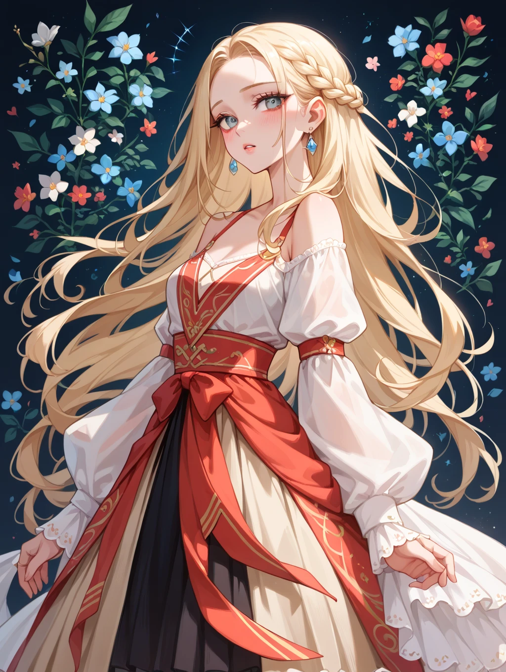 masterpiece,Highest quality, Very detailed,One Girl(Sakurai Momoka,Slender and sexy body, Nice big , Wavy Hair, Long Hair, blonde, head band, Pink flower in hair,Green Eyes), Bright Face, A light smile, Lips parted, nose blush, blush, In-person audience , View your audience, Tilt your head, alone, Red Chinese Dress,、See-through long dress, ,See-through sleeveless tops, Black lace knee socks, In the living room, Are standing, Seducing your sexy waist, close your eyes, Tears in the eyes、Open your mouth, What saliva leaves behind, Wet skirt hem, Sticky panties, Bulging of the vibrator cord, Vibrator with Garters, I can see her pussy,The vaginal opening is visible,The vagina is visible,The female shadow is visible